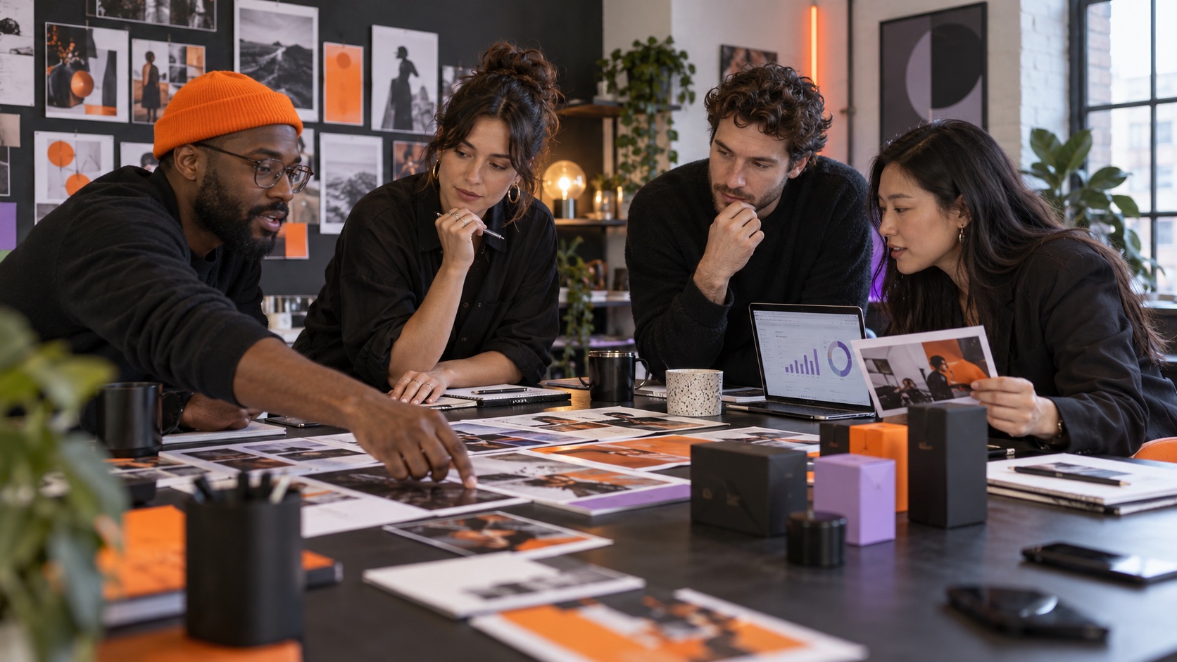 Illustrative creative team collaborating around a studio table