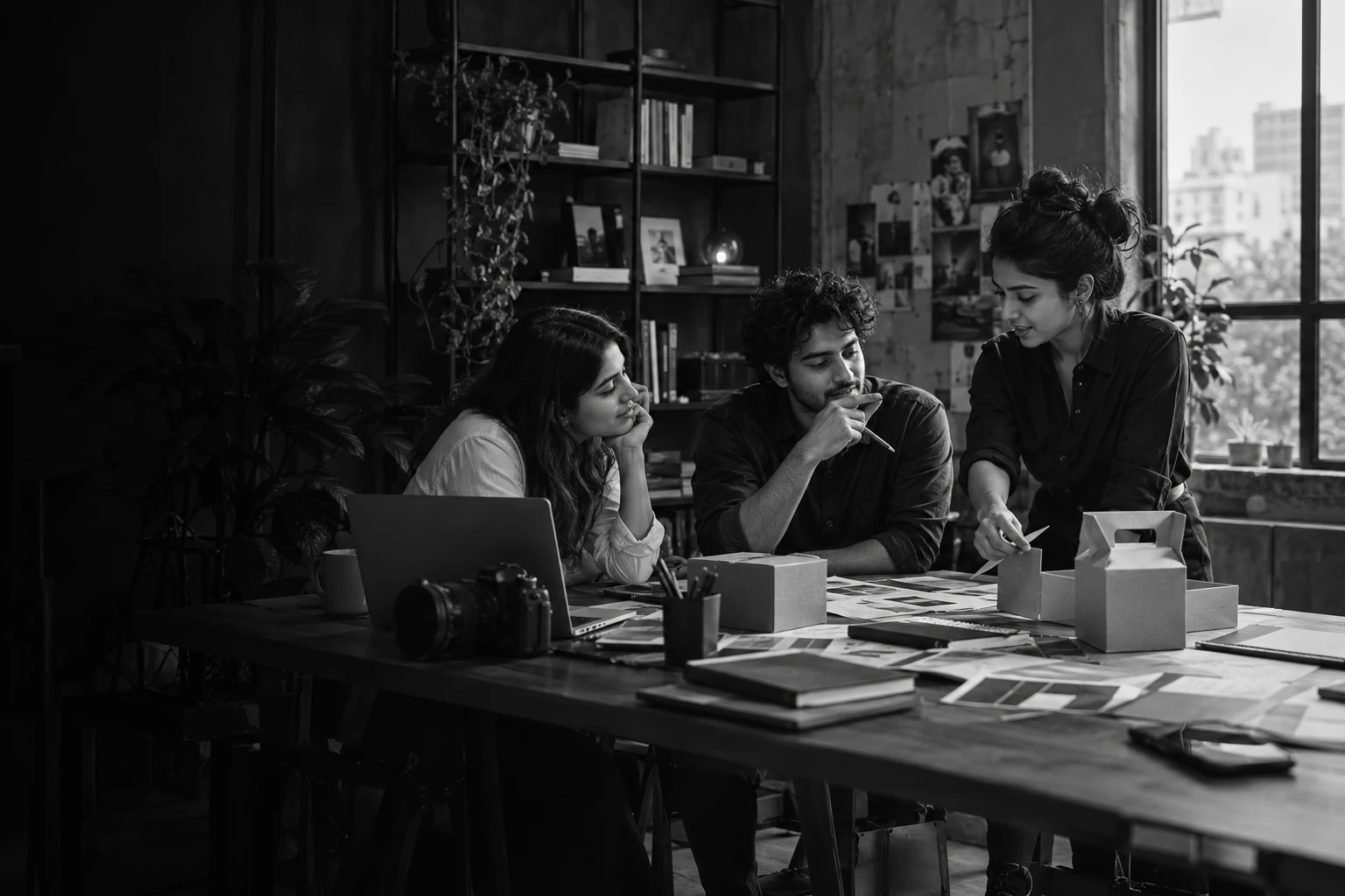 Illustrative creative studio team planning a brand campaign with packaging, photography and digital layouts