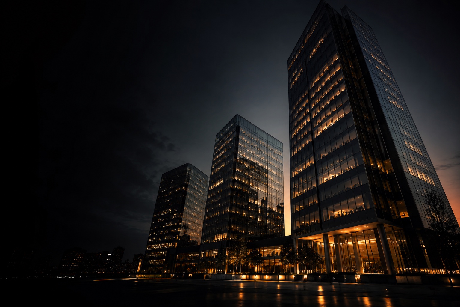 Modern glass office towers rising into the night sky, lit by white office lights