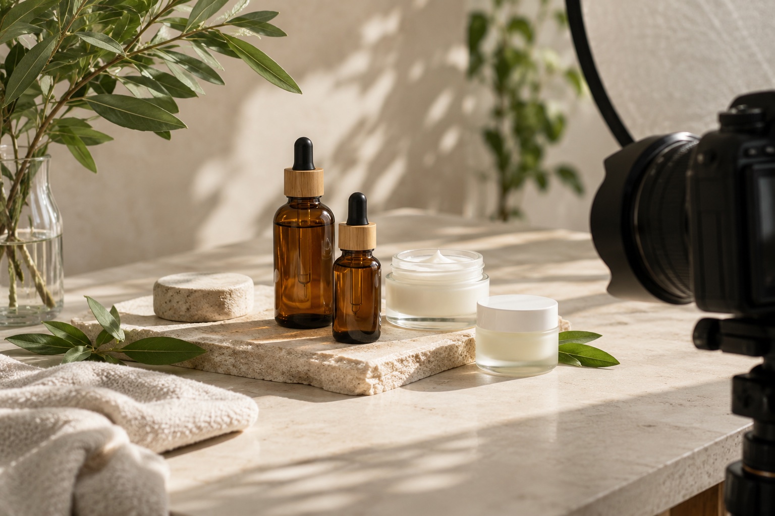 Skincare bottles arranged for a professional product photograph
