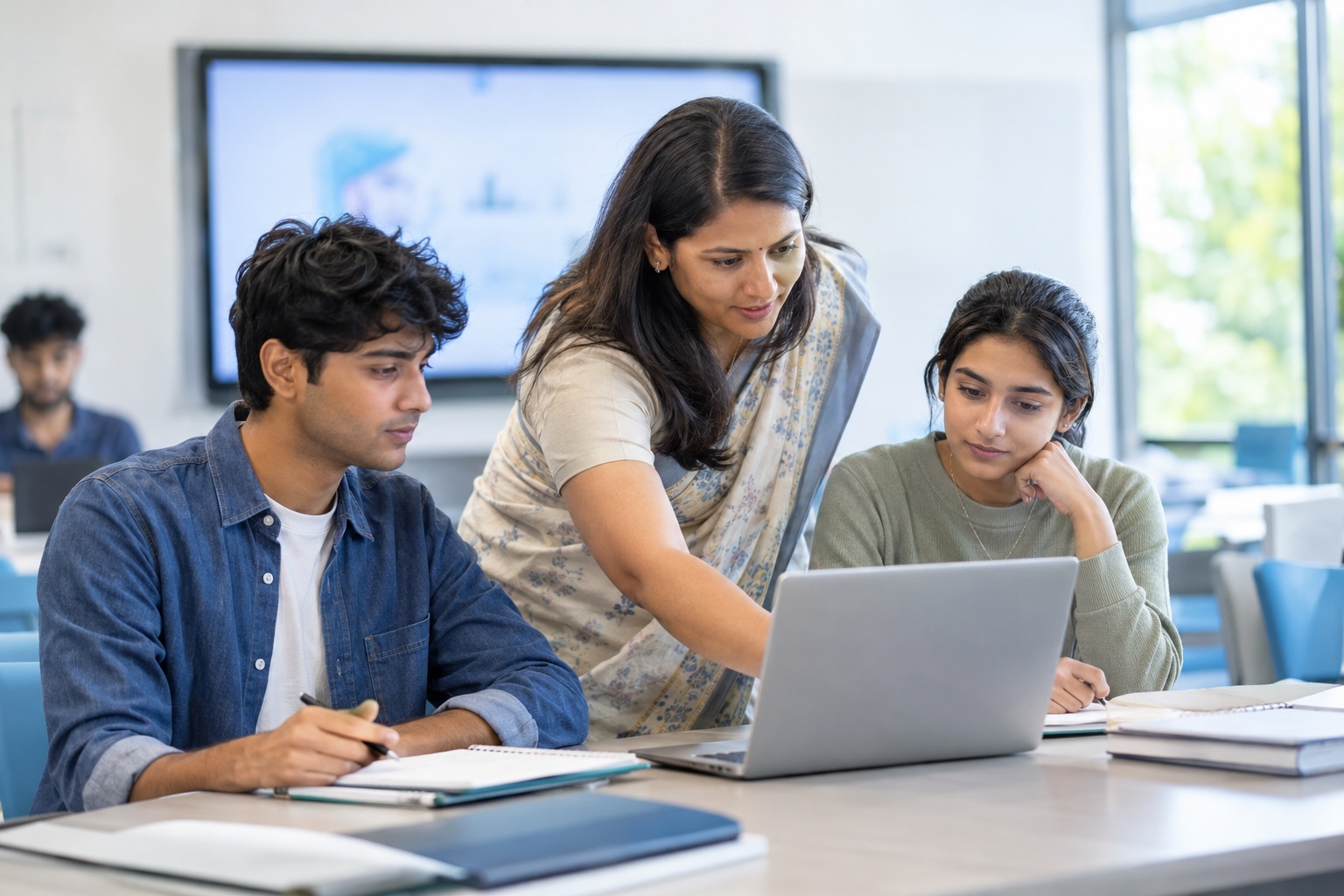 An educator helping young adult students learn with a laptop