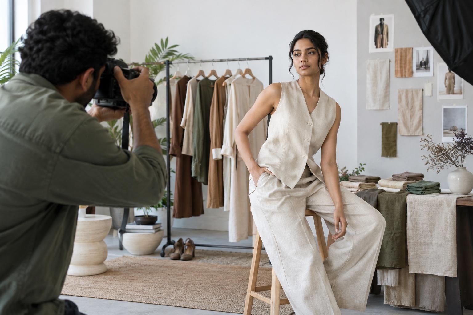 A fashion model and photographer working on a studio campaign