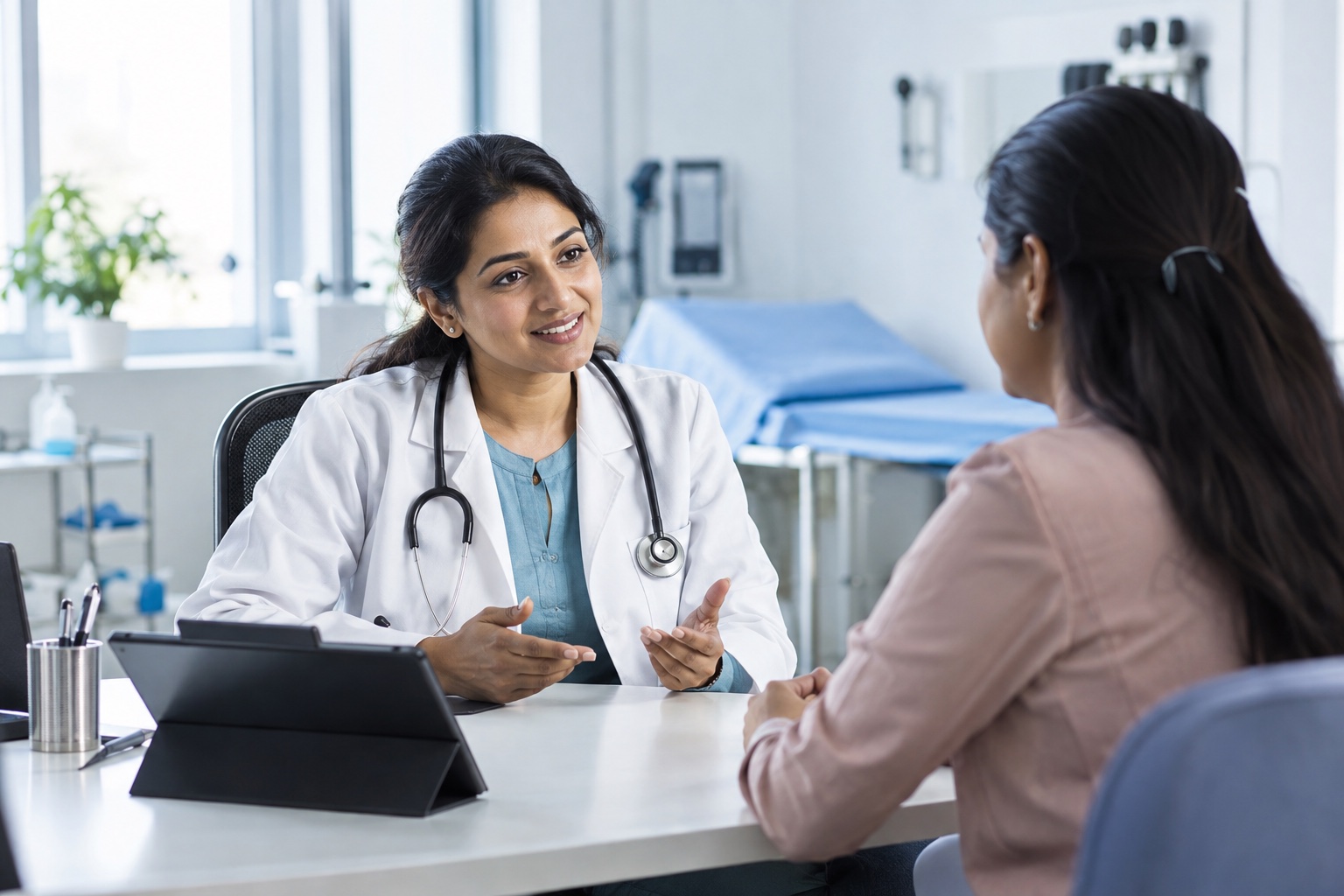 A doctor speaking with an adult patient in a modern consultation room