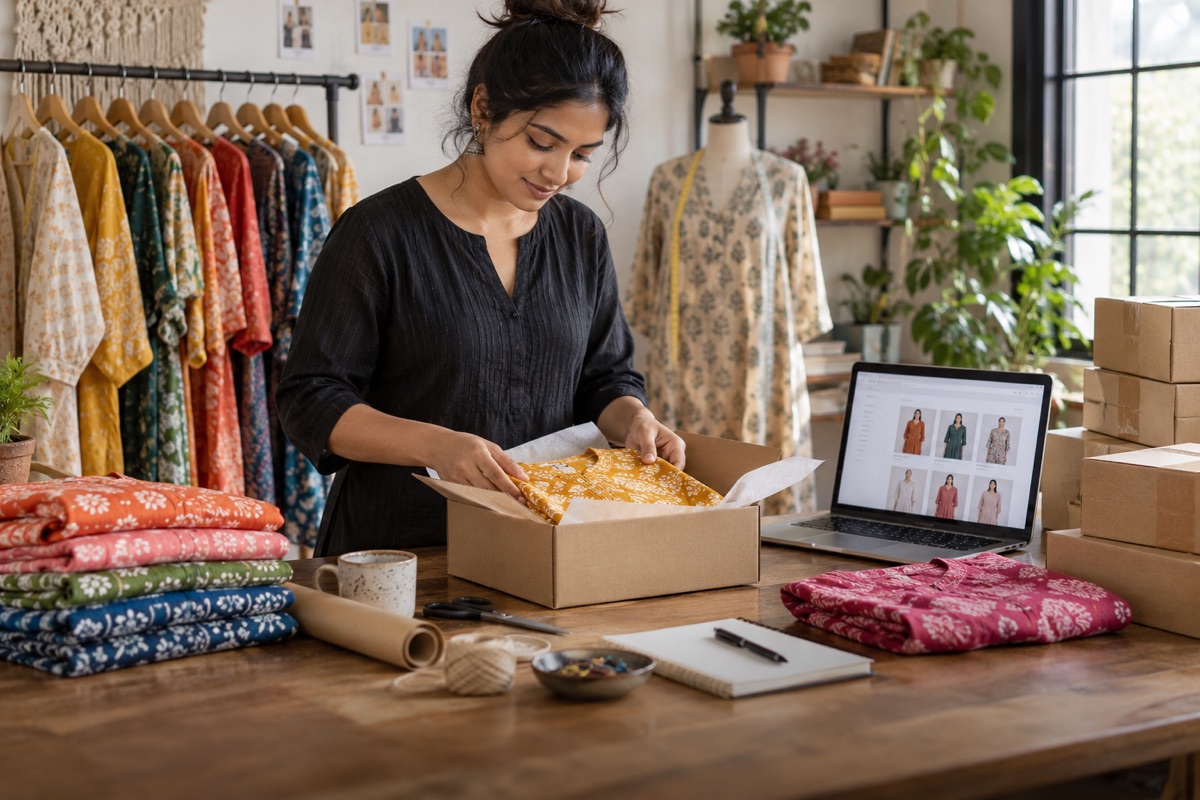 Illustrative entrepreneur running an online fashion store
