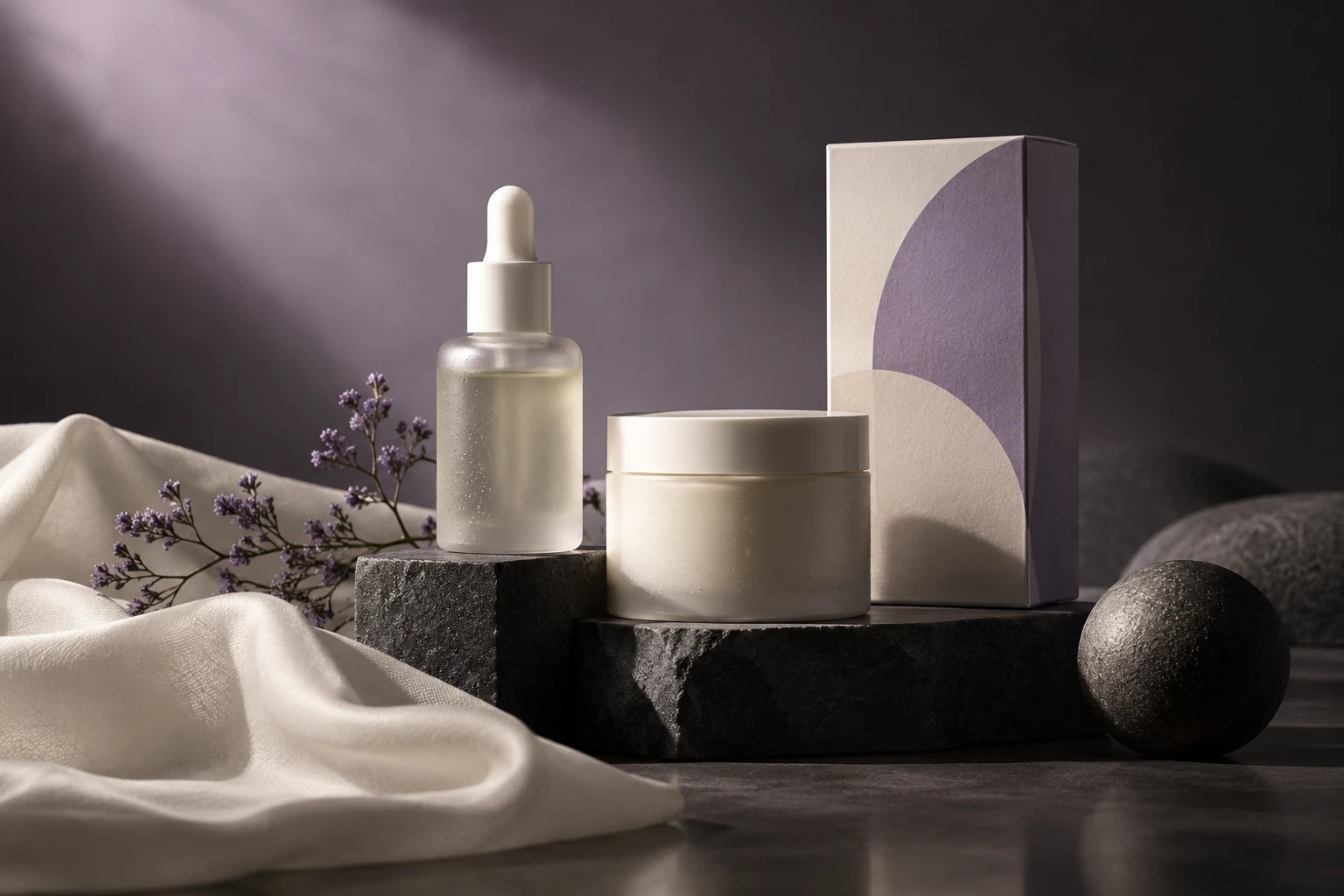 Illustrative skincare brand campaign with frosted glass products, ivory packaging and lavender art direction