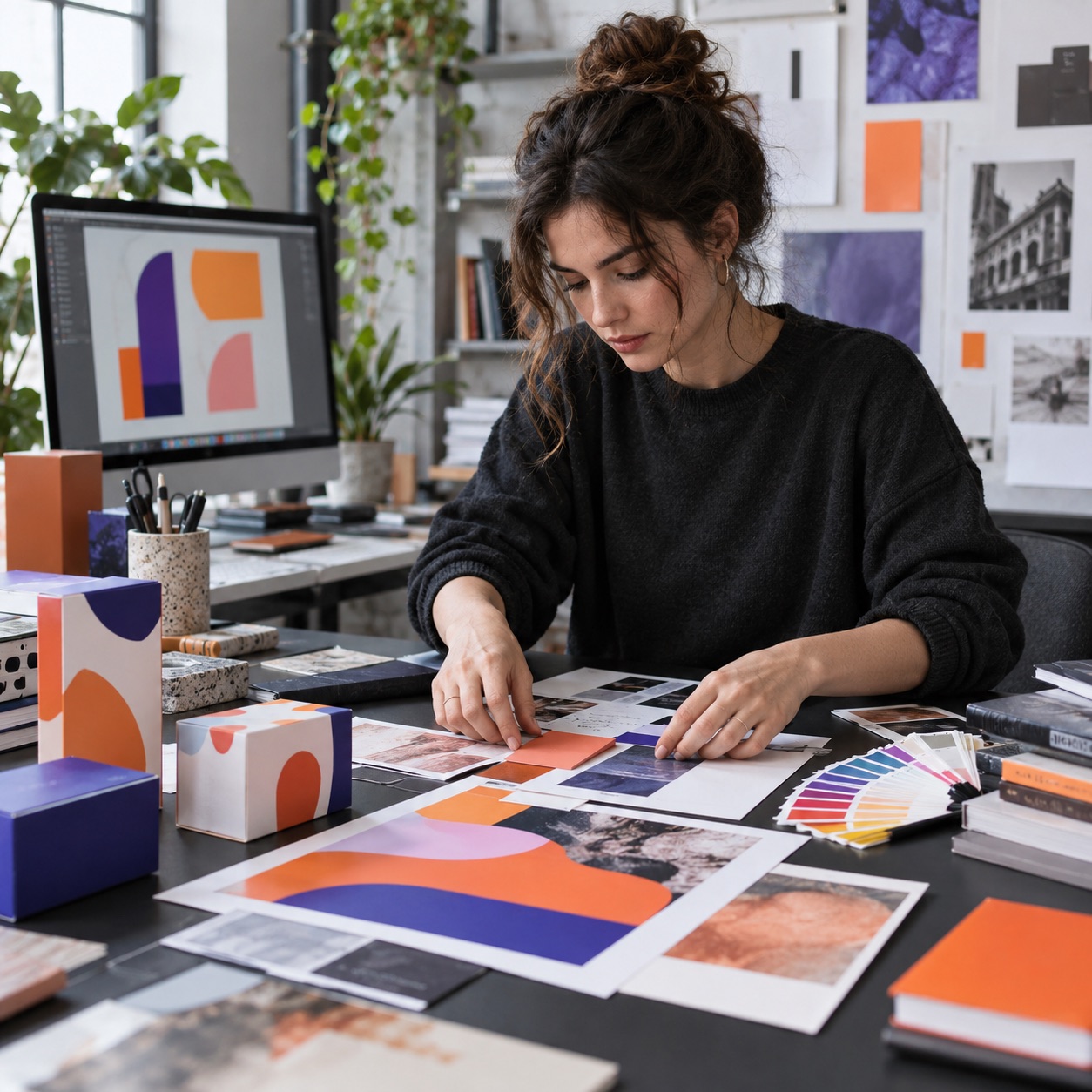 Graphic designer arranging printed design pages and color swatches