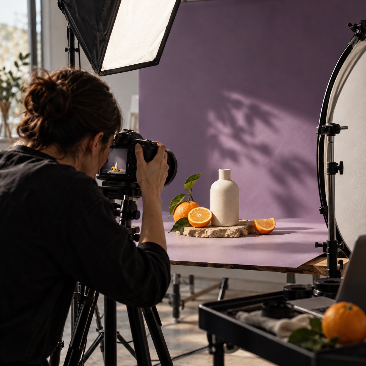 Photographer shooting a skincare product with citrus and studio lighting