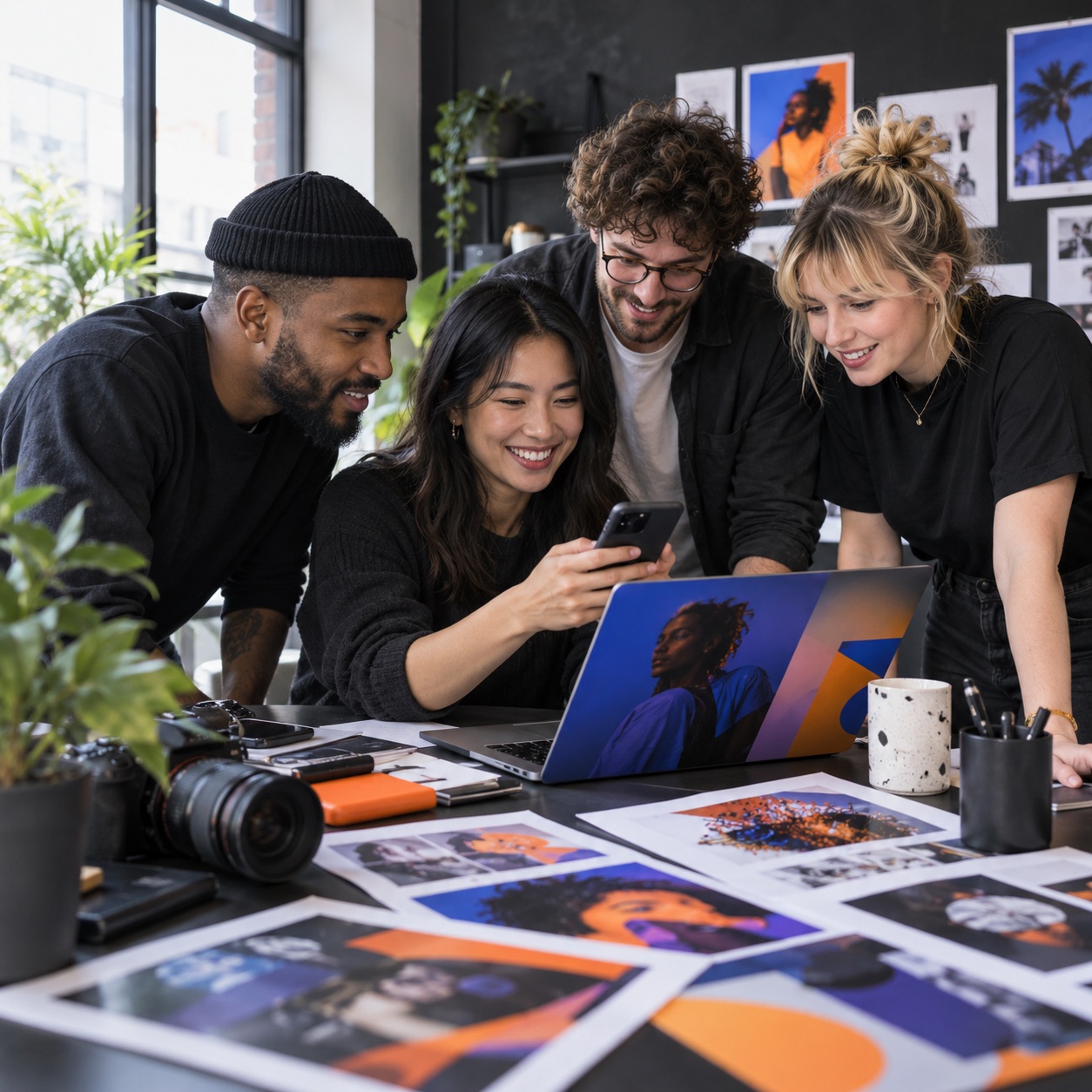 Social media content team reviewing product photography on a phone