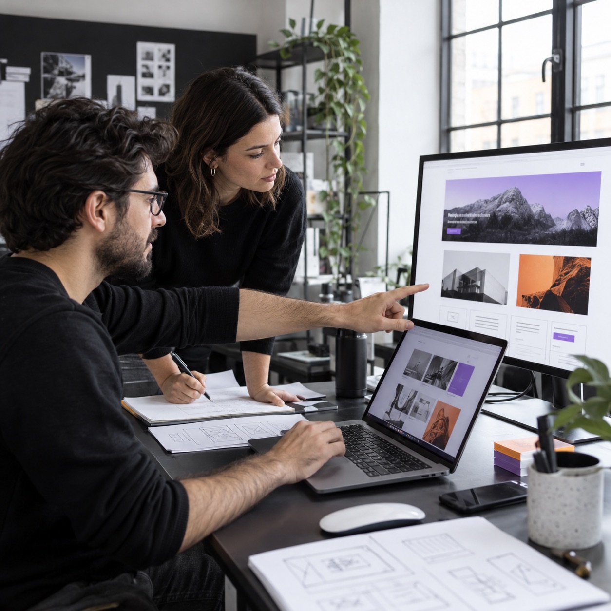 Web designers collaborating at a computer on a website layout